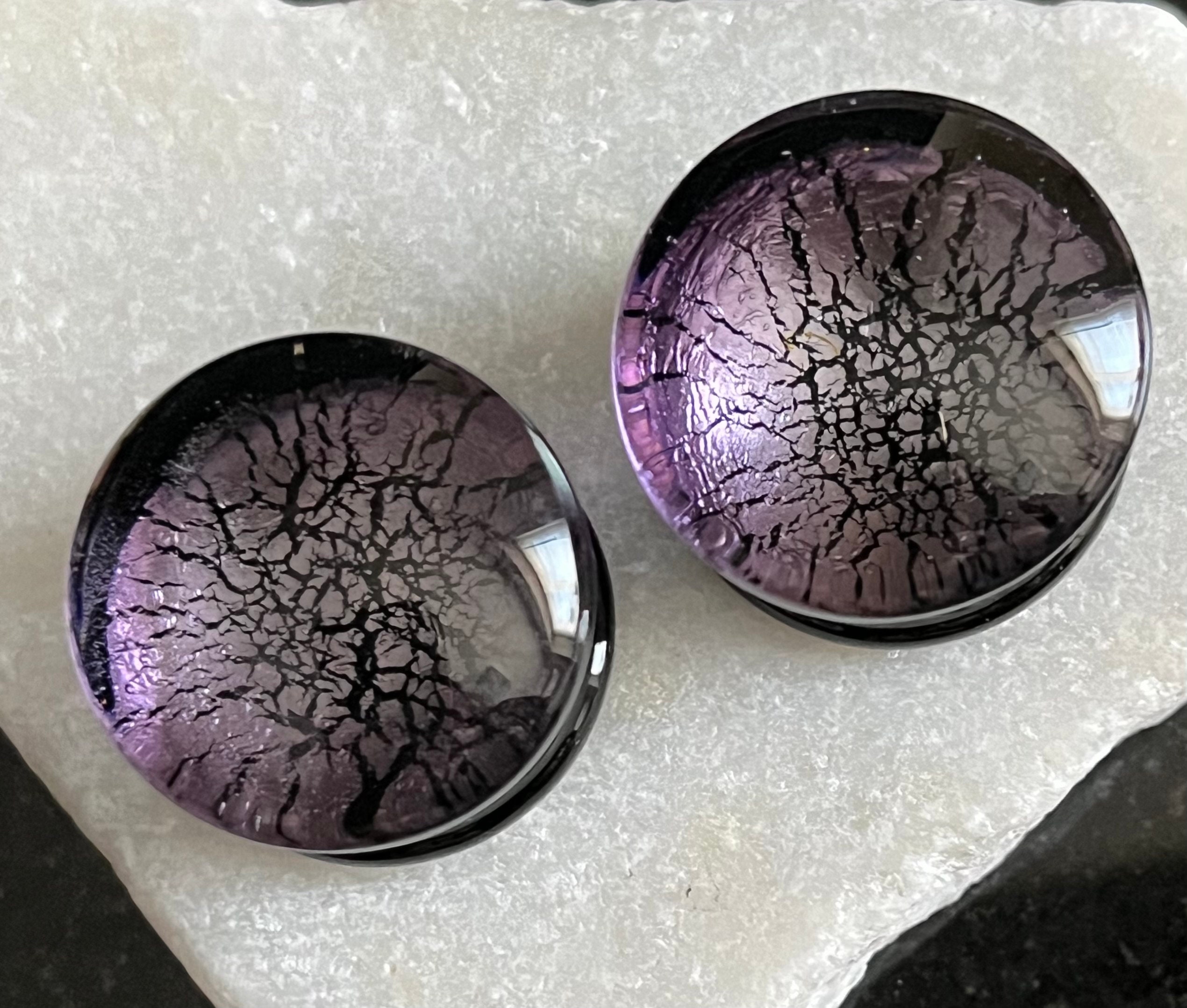 PAIR of Stunning Purple & Black Fracture Design Glass Double Flare Plugs - Gauges 2g (6mm) through 3/4" (19mm) available!