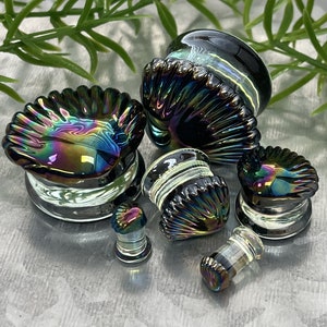 PAIR of Stunning Black Pearl Seashell Glass Double Flare Tunnels/Plugs - Gauges 2g (6mm) thru 1&quot; (25mm) available!