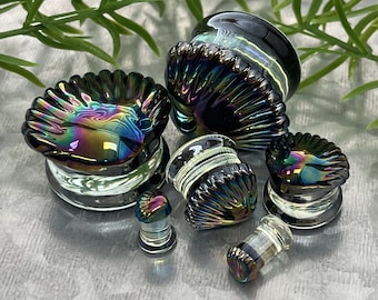 PAIR of Stunning Black Pearl Seashell Glass Double Flare Tunnels/Plugs - Gauges 2g (6mm) thru 1" (25mm) available!