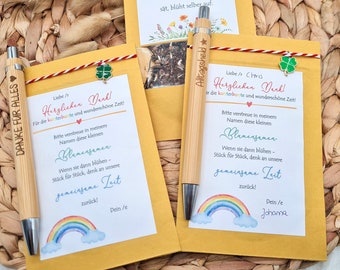 Geschenk für Erzieher / Erzieherin / Tagesmutter, Geschenk Kindergartenabschied, Kugelschreiber mit Namen, Blumensamengschenk Karte Erzieher