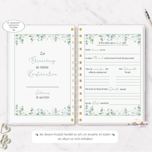 Guest book cards for confirmation, DIN A5 opt. with individual cover sheet, gift for confirmation/communion, guest book, eucalyptus