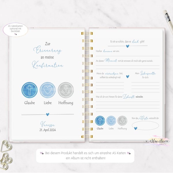 Guest book cards for confirmation, DIN A5 opt. with individual cover sheet, gift for confirmation/communion, guest book, faith, love, hope