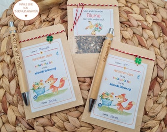 Geschenk für Erzieher / Erzieherin / Tagesmutter, Geschenk Kindergartenabschied, Kugelschreiber mit Namen, Blumensamengschenk Karte Erzieher