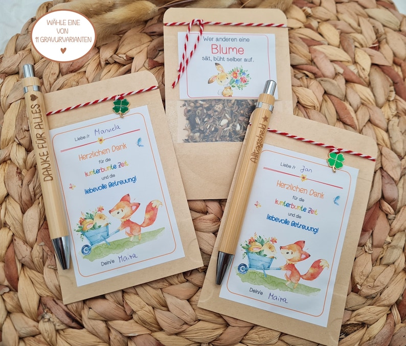 Geschenk für Erzieher / Erzieherin / Tagesmutter, Geschenk Kindergartenabschied, Kugelschreiber mit Namen, Blumensamengschenk Karte Erzieher Bild 1