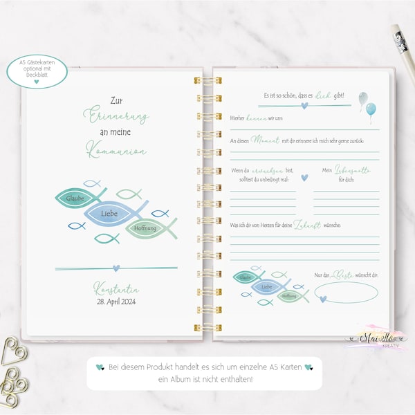 Guest book cards for communion / confirmation / youth consecration, DIN A5 opt. with individual cover sheet, gift for communion, guest book