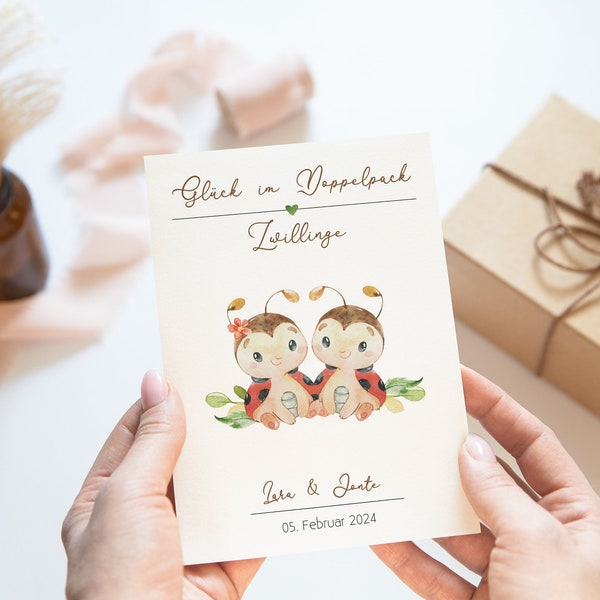 Sweet card for the birth of twins including envelope - customizable greeting card twins, gift twins, double happiness