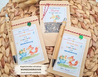 Geschenk für Erzieherin | Tagesmutter | Abschiedsgeschenk Erzieherin | Blumensamengeschenk & Kugelschreiber + Wunschtext | Erzieher Geschenk