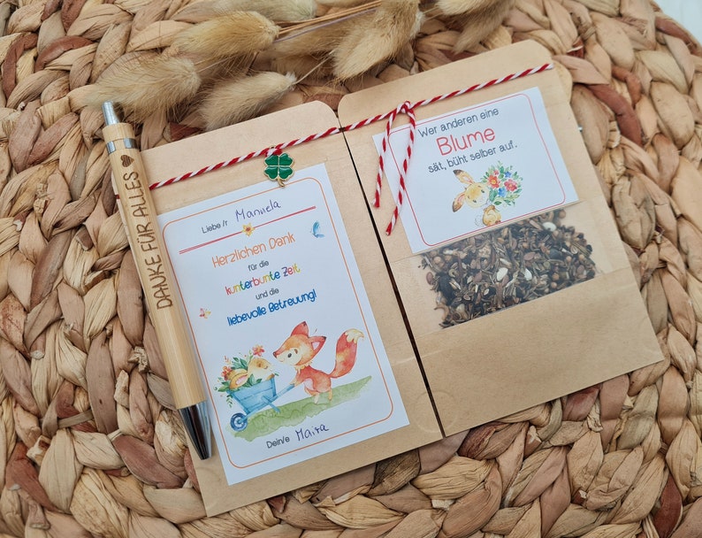 Geschenk für Erzieher / Erzieherin / Tagesmutter, Geschenk Kindergartenabschied, Kugelschreiber mit Namen, Blumensamengschenk Karte Erzieher Bild 5