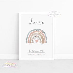 Süßes A4 Geburtsposter / Print, Boho Regenbogen Mädchen, PERSONALISIERBAR -  Babygeschenk, Geschenk zur Geburt