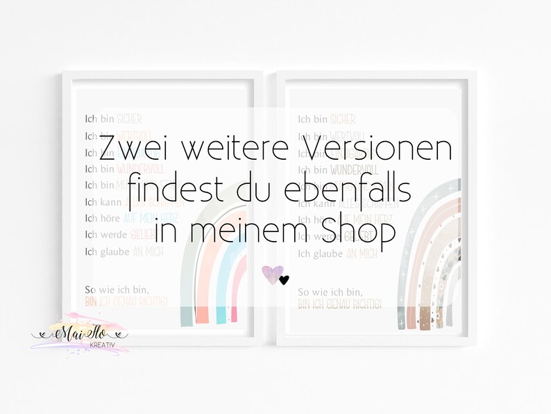May include: Two framed prints with rainbow designs and text in German. The text reads "Zwei weitere Versionen findest du ebenfalls in meinem Shop".