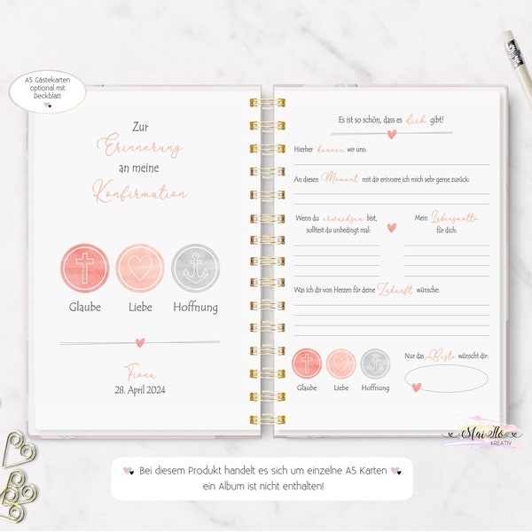 Guest book cards for confirmation, DIN A5 opt. with individual cover sheet, gift for confirmation/communion, guest book, faith, love, hope