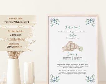May include: A printable baptism or christening certificate with a watercolor illustration of two hands clasped together. The text reads "Patenbrief" and includes the name "Jannes", the date of birth, and the date of baptism. The certificate is decorated with green leaves.