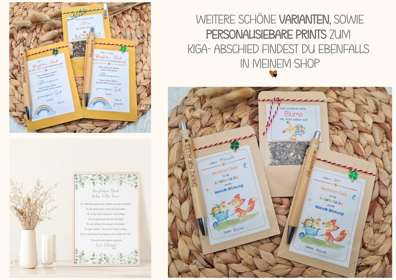 K&ouml;nnte beinhalten: Ein Set aus vier kleinen braunen Papiert&uuml;ten mit roter und wei&szlig;er Kordel, jede gef&uuml;llt mit Wildblumensamen und einem Holzstift mit der Gravur "Danke f&uuml;r alles". Die T&uuml;ten sind mit einem kleinen gr&uuml;nen Kleeblatt und einer bunten Illustration eines Fuchses und einer Schubkarre verziert. Der Text auf den T&uuml;ten lautet "Vielen Dank f&uuml;r die lehrreiche Zeit und die liebevolle Betreuung".