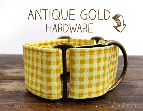 Martingale dog collar model Picnic. Adjustable and handmade with 100% cotton fabric. plaid yellow and white. Wakakan