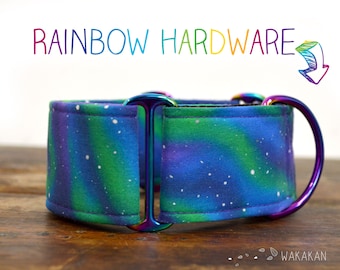 Martingale dog collar model Northern Lights. Adjustable and handmade with 100% cotton fabric. colorful stars Wakakan
