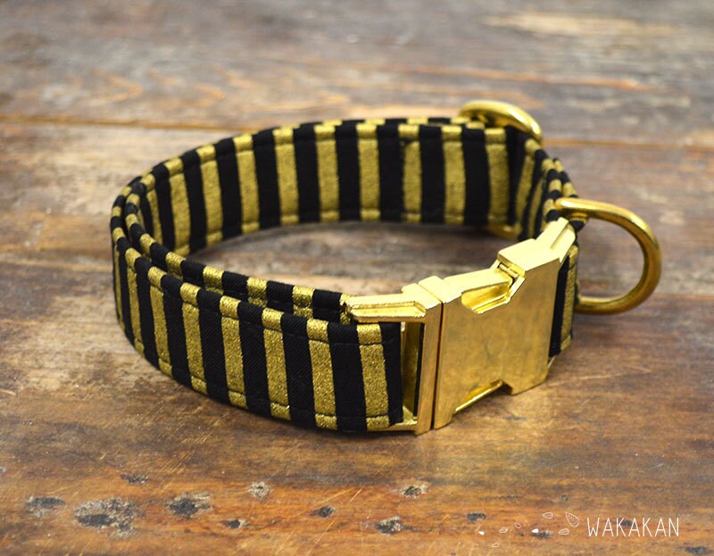 Cleo dog collar. Adjustable and handmade with 100 cotton fabric. Black and metallic stripes