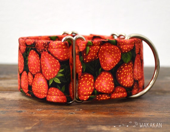 Martingale dog collar model Strawberries. Adjustable and handmade with 100% cotton fabric. fruit with leaves. Wakakan