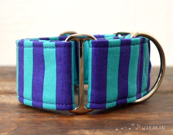 Martingale dog collar model Circus. Adjustable and handmade with 100% cotton fabric. Purple and turquoise stripes, halloween. Wakakan