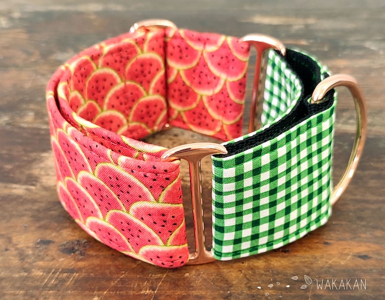 Martingale dog collar model Summer Day. Adjustable and handmade with 100% cotton fabric. Watermelon fruit Wakakan image 3