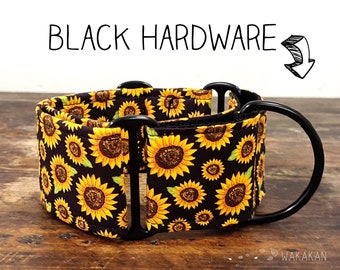 Martingale dog collar model Van Gogh. Adjustable and handmade with 100% cotton fabric. Sunflowers pattern, black background.Wakakan