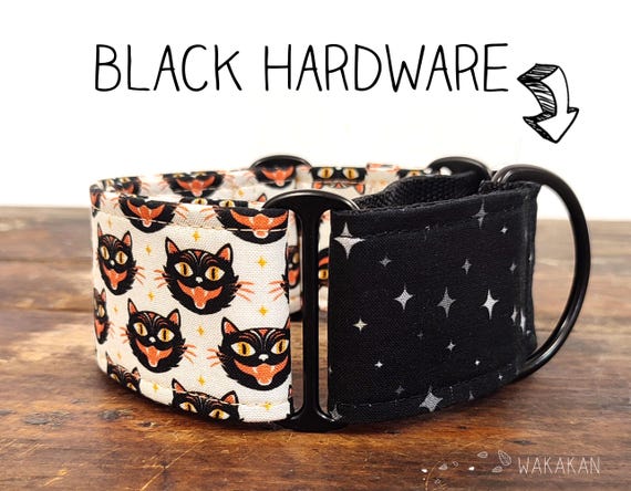 Martingale dog collar model Spooky Cat. Adjustable and handmade with 100% cotton fabric. Vintage halloween. Wakakan