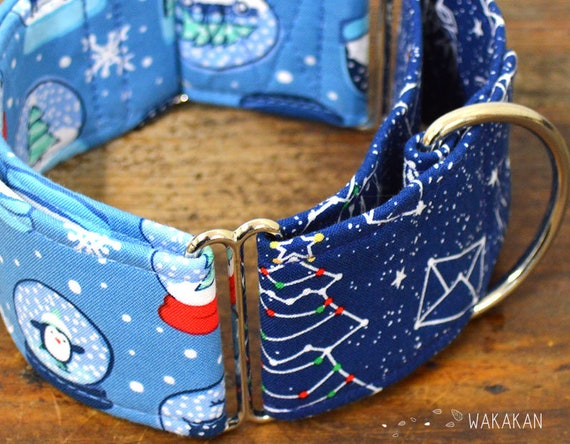 Martingale dog collar model Snow Globe. Adjustable and handmade with 100% cotton fabric. winter Wakakan