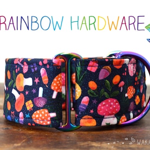 Martingale dog collar model Fungi Garden. Adjustable and handmade with 100% cotton fabric. Mushroomcore, mushrooms,woods Wakakan