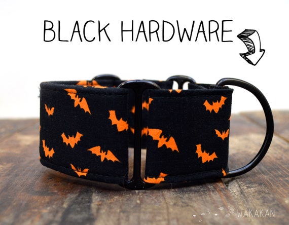 Martingale dog collar model Bat Time. Adjustable and handmade with 100% cotton fabric. Orange background Wakakan