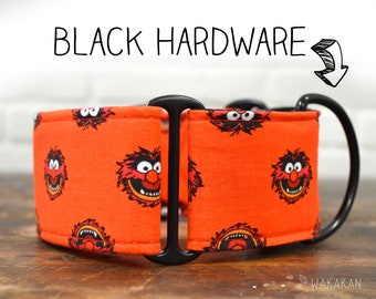 Martingale dog collar Animal. Adjustable and handmade with 100% cotton fabric. Muppets, orange background. Wakakan