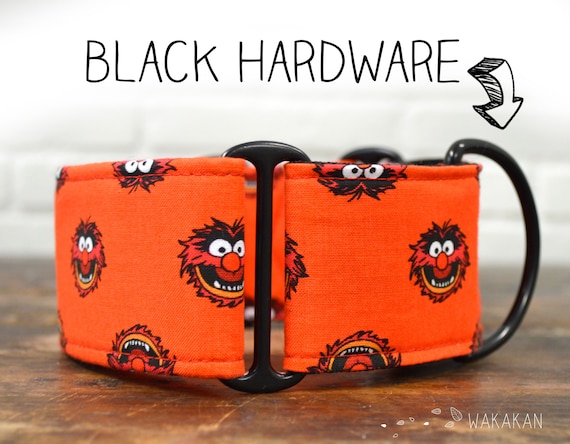 Martingale dog collar Animal. Adjustable and handmade with 100% cotton fabric. Muppets, orange background. Wakakan