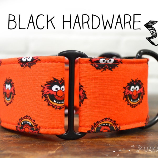 Martingale dog collar Animal. Adjustable and handmade with 100% cotton fabric. Muppets, orange background. Wakakan