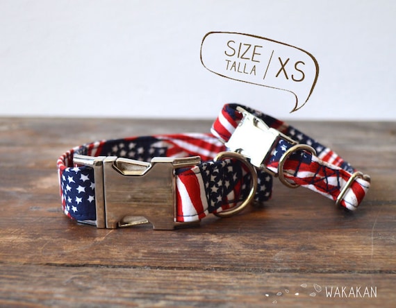 American Heartbeat dog collar adjustable. Handmade with 100% cotton fabric. American flag USA. Wakakan