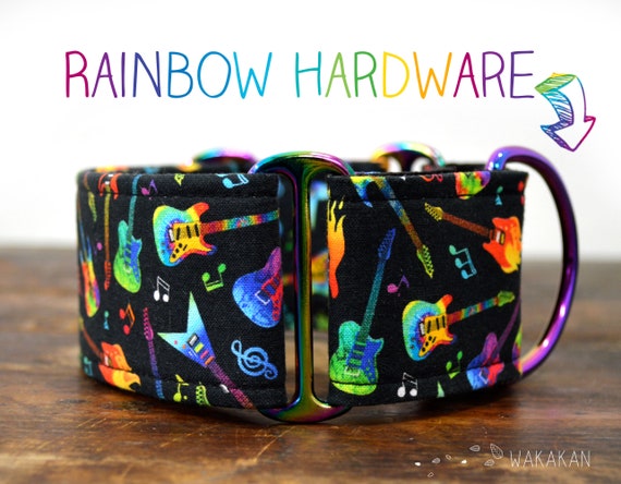 Martingale dog collar model Glam Rock. Adjustable and handmade with 100% cotton fabric. Guitars, rainbow Wakakan