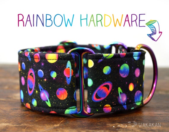 Martingale dog collar model Lost in Space. Adjustable and handmade with 100% cotton fabric. Rainbow planets. Milky way Wakakan