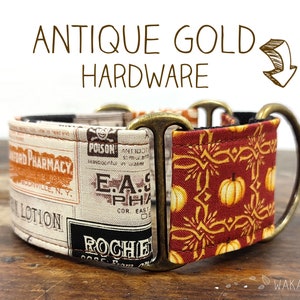 May include: A brown and red dog collar with antique gold hardware. The collar is made of fabric with a vintage pharmacy label and a pumpkin pattern. The text on the label reads "FORD PHARMACY", "LOTION", "E.A.S. PHA", and "ROCHE".