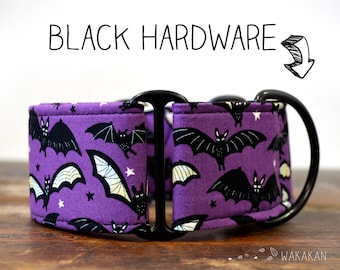 Martingale dog collar model I am a Vampire. Adjustable and handmade with 100% cotton fabric. Bats, purple, halloween Wakakan