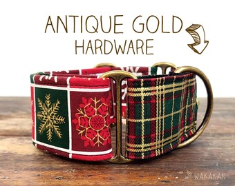 Martingale dog collar model Vintage Xmas. Adjustable and handmade with 100% cotton fabric. Winter fabric, snowflakes, presents. Wakakan