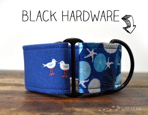 Martingale dog collar model Blue Coast. Adjustable and handmade with 100% cotton fabric. Seagull, summer, starfish Wakakan
