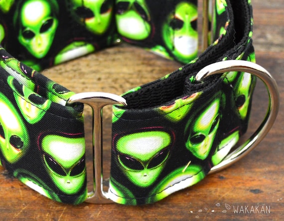 Martingale dog collar model I Want to Believe . Adjustable and handmade with 100% cotton fabric. Green alien. Wakakan