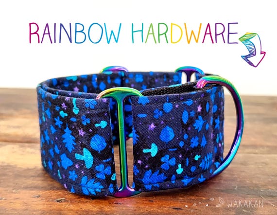 Martingale dog collar model Magical in Blue. Adjustable and handmade with 100% cotton fabric. Forest, fairy tale, mushrooms. Wakakan