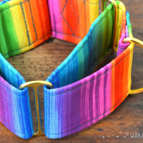 Collar para perro Martingale modelo Paint. Ajustable y hecho a mano con tela 100% algodón. Arcoiris de colores pintado Wakakán