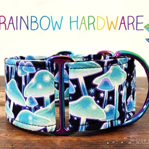 Martingale dog collar model Fairy Forest Blue. Adjustable and handmade with 100% cotton fabric. Glow in the dark fungus. Wakakan