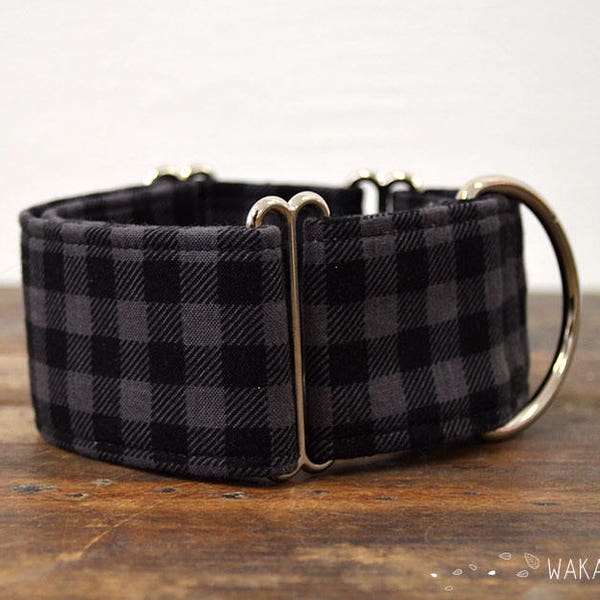 Martingale dog collar model Classic. Adjustable and handmade with 100% cotton fabric. plaid gray and black. Wakakan
