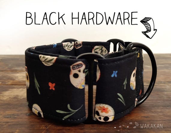 Martingale Sugar Skull dog collar adjustable. Handmade with 100% cotton fabric. Mexico, Catrina. Greyhound Wakakan