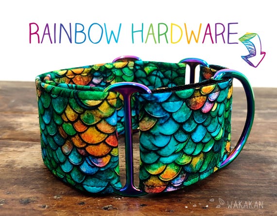 Martingale dog collar Green Mermaid. Adjustable and handmade with 100% cotton fabric. Green scales, snake. Wakakan