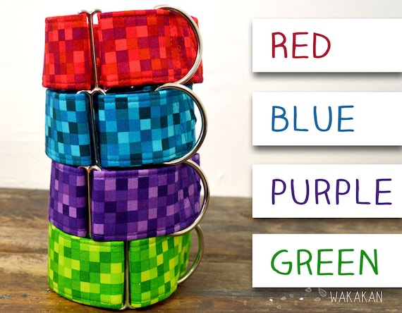 Martingale dog collar model Pixel. Adjustable and handmade with 100% cotton fabric. Green, red, purple. Wakakan