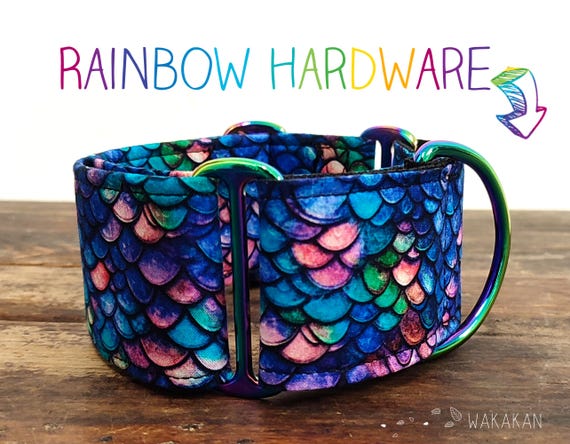 Martingale dog collar Blue Mermaid. Adjustable and handmade with 100% cotton fabric. Blue scales, snake. Wakakan