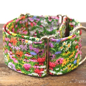 Martingale dog collar model Meadow. Adjustable and handmade with 100% cotton fabric. Spring flowery design Wakakan