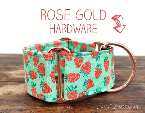 Martingale dog collar model Sweet Strawberries. Adjustable and handmade with 100% cotton fabric. fruit with leaves in turquoise. Wakakan