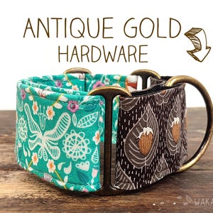May include: A dog collar with antique gold hardware. The collar is split into two sections: one with a teal floral pattern and the other with a brown leaf design. The text "ANTIQUE GOLD HARDWARE" is above the collar.